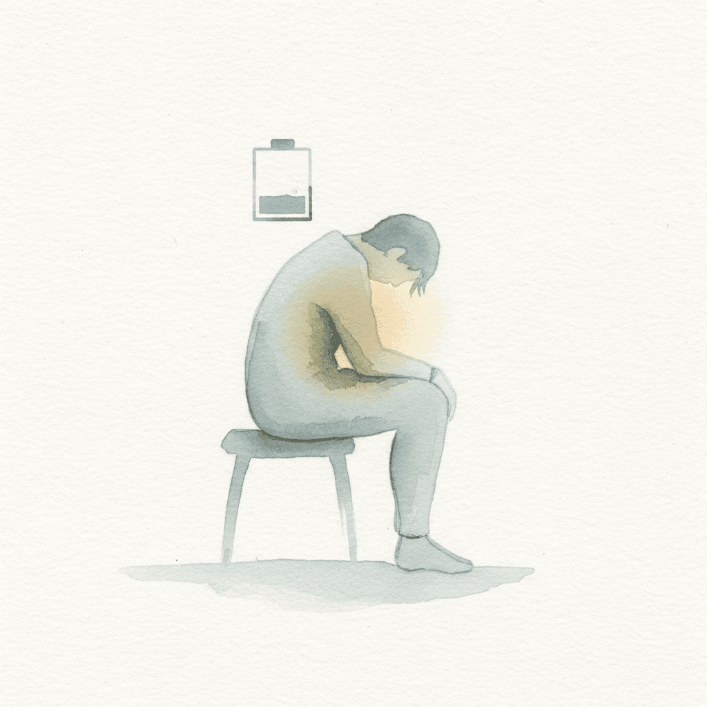 Aquarelle abstraite d'une personne fatiguée avec un symbole de batterie faible à proximité, des bleus et des gris doux et atténués véhiculant l'épuisement et un espoir discret.