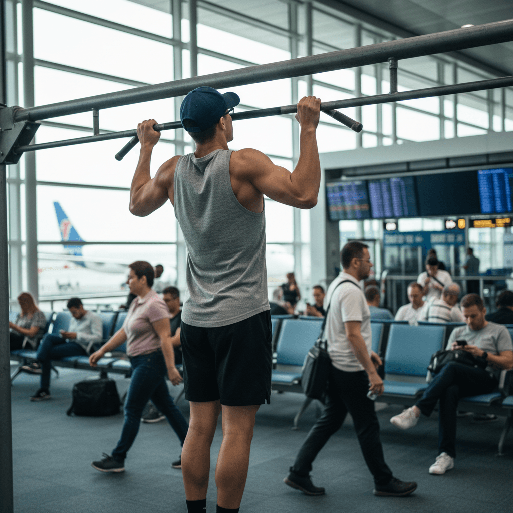 Une personne en forme faisant des tractions dans un terminal d'aéroport