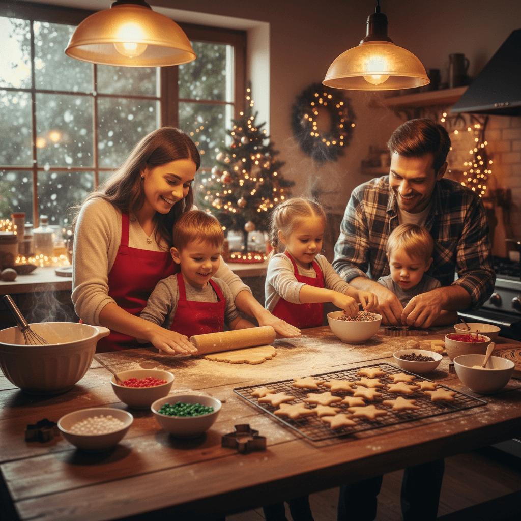 Une scène chaleureuse de cuisine où une famille prépare ensemble des biscuits de Noël. Deux adultes et deux enfants roulent la pâte, utilisent des emporte-pièces en forme d'étoiles et d'arbres, et décorent avec des paillettes colorées. Une lumière dorée douce, un petit sapin de Noël illuminé, et une légère neige tombant visible à travers la fenêtre créent une ambiance cozy et festive.