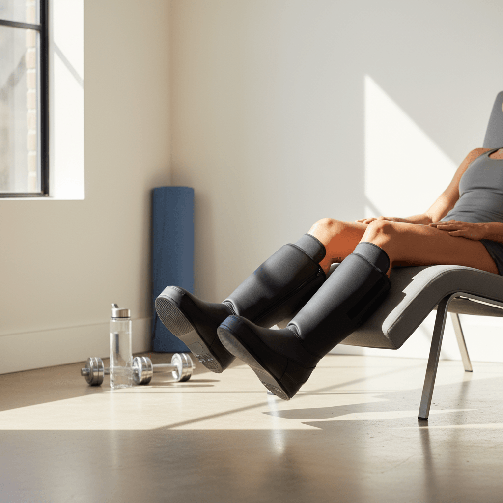 Athlète portant des bottes de compression modernes tout en se reposant dans un cadre de salle de sport à domicile