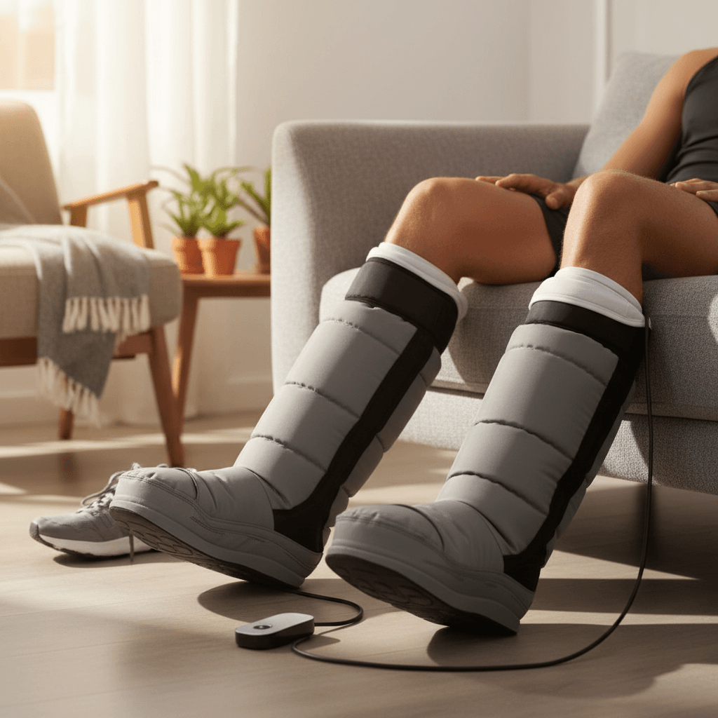 Athlète utilisant des bottes de compression pendant une séance de récupération