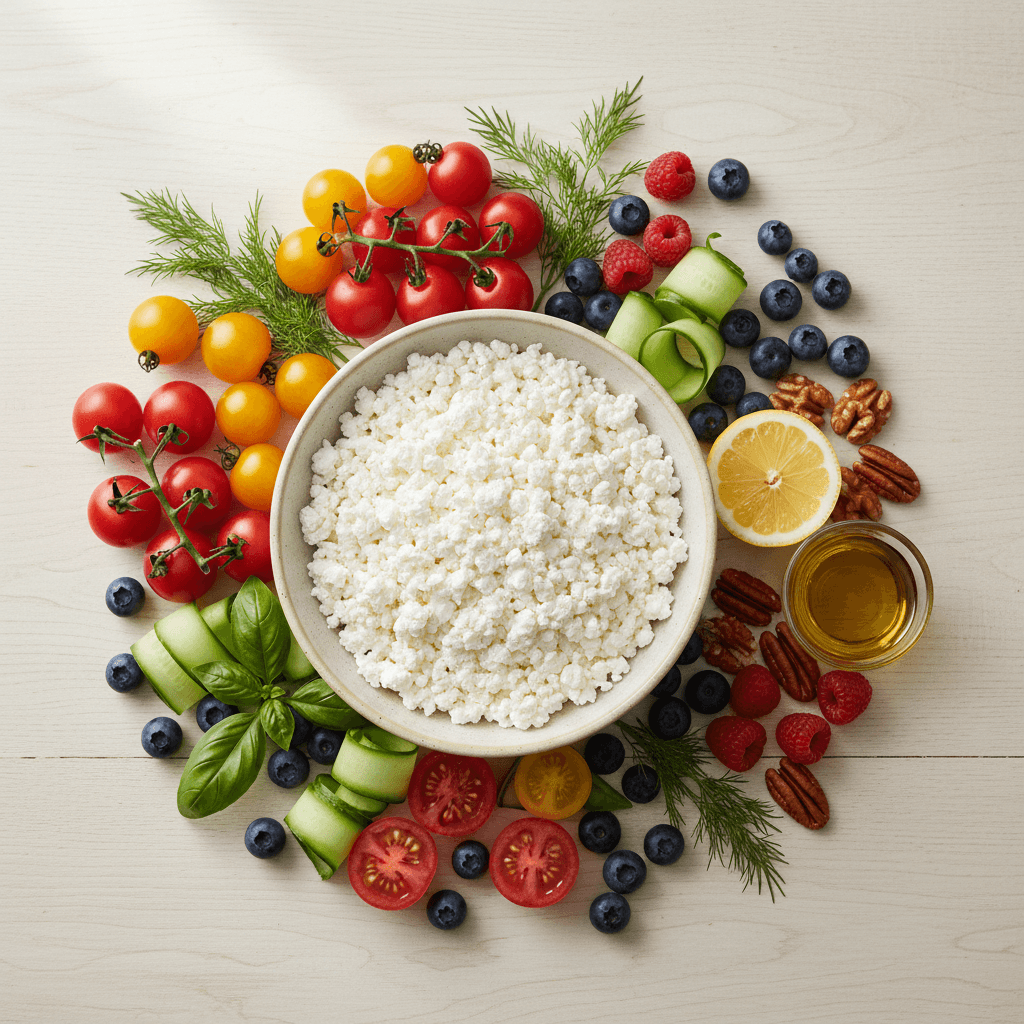 Bol de fromage blanc frais entouré d'ingrédients colorés
