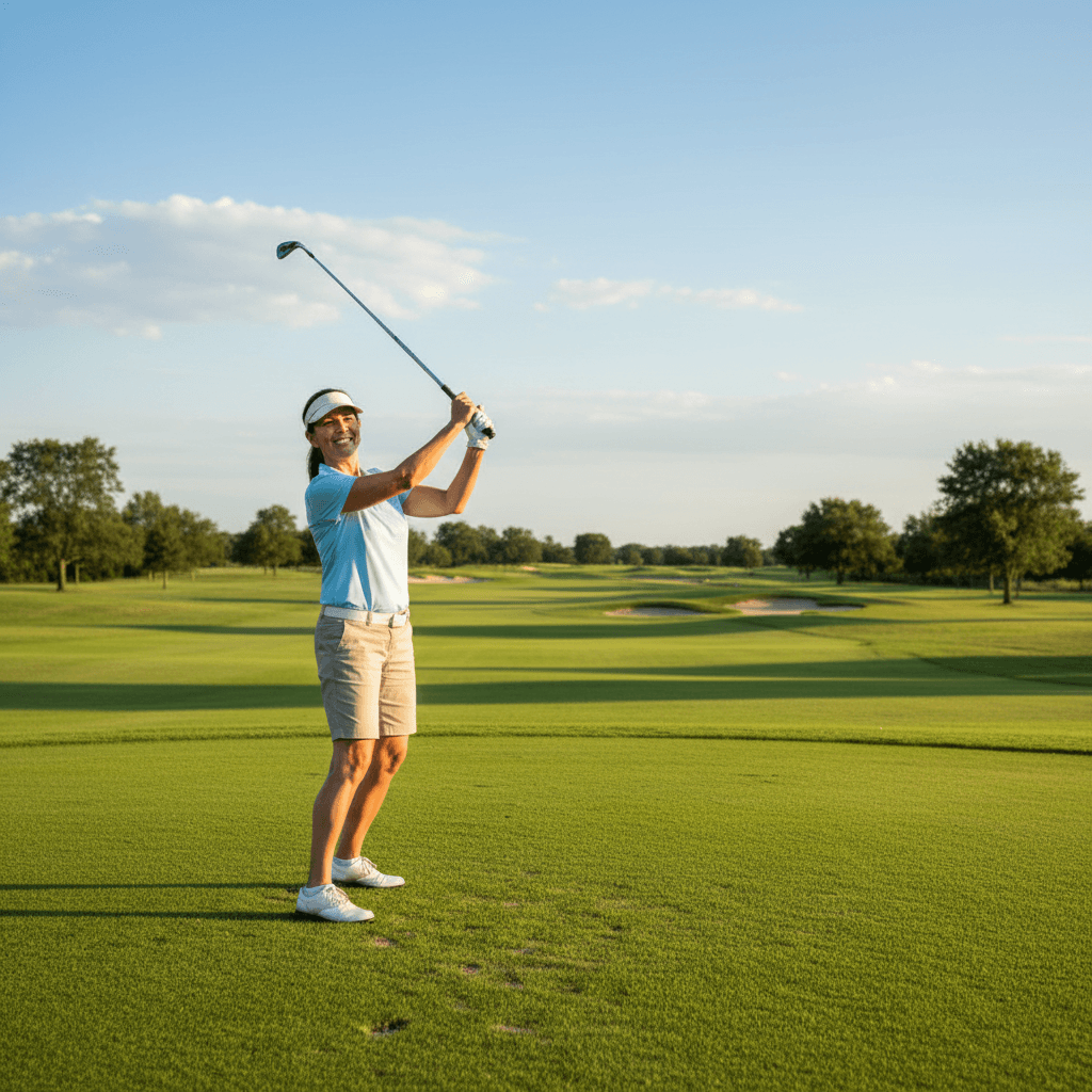 Golfeur d'âge moyen en plein swing sur un parcours vert ensoleillé
