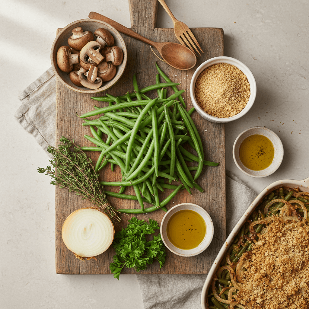 Frais haricots verts et ingrédients sains pour la casserole