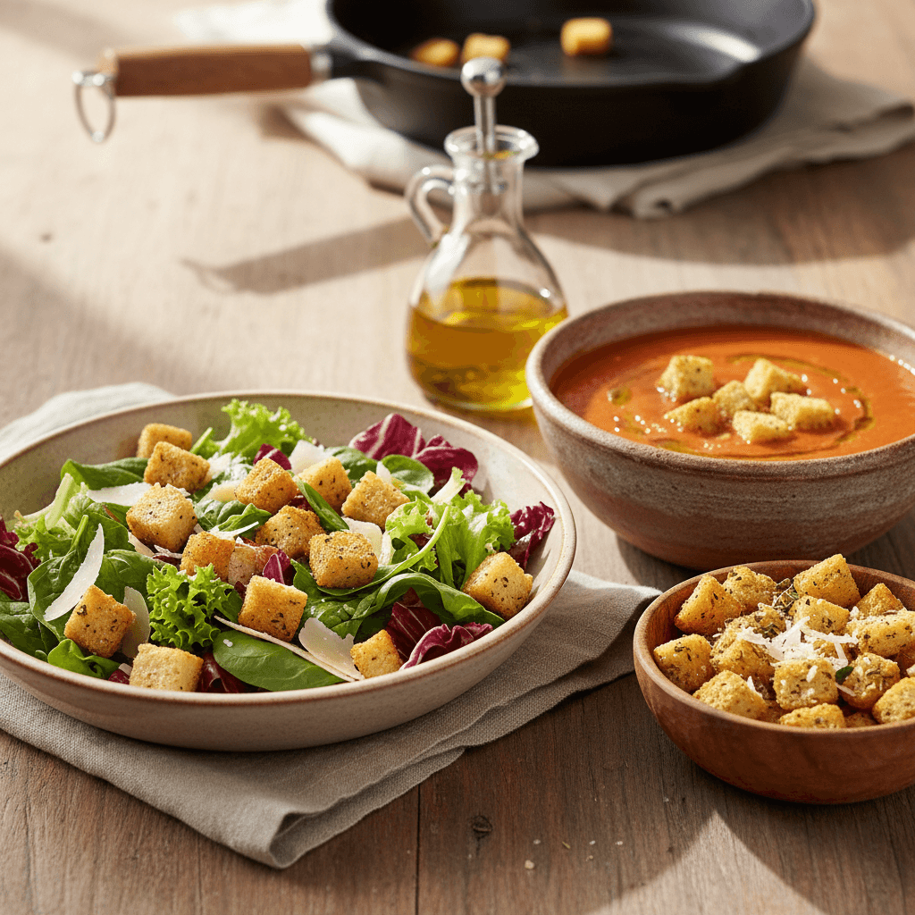 Une photo prise à la lumière naturelle montrant trois plats avec des croûtons faits maison : une salade de légumes verts mélangés avec des croûtons dorés et du parmesan râpé, une soupe de tomate crémeuse avec des croûtons flottant sur le dessus et un filet d'huile d'olive, et un bol en bois de collations de croûtons assaisonnés avec des herbes et du fromage râpé. Les plats sont posés sur une table en bois rustique avec une serviette en lin neutre et un pot à huile d'olive à proximité pour un look éditorial cosy.