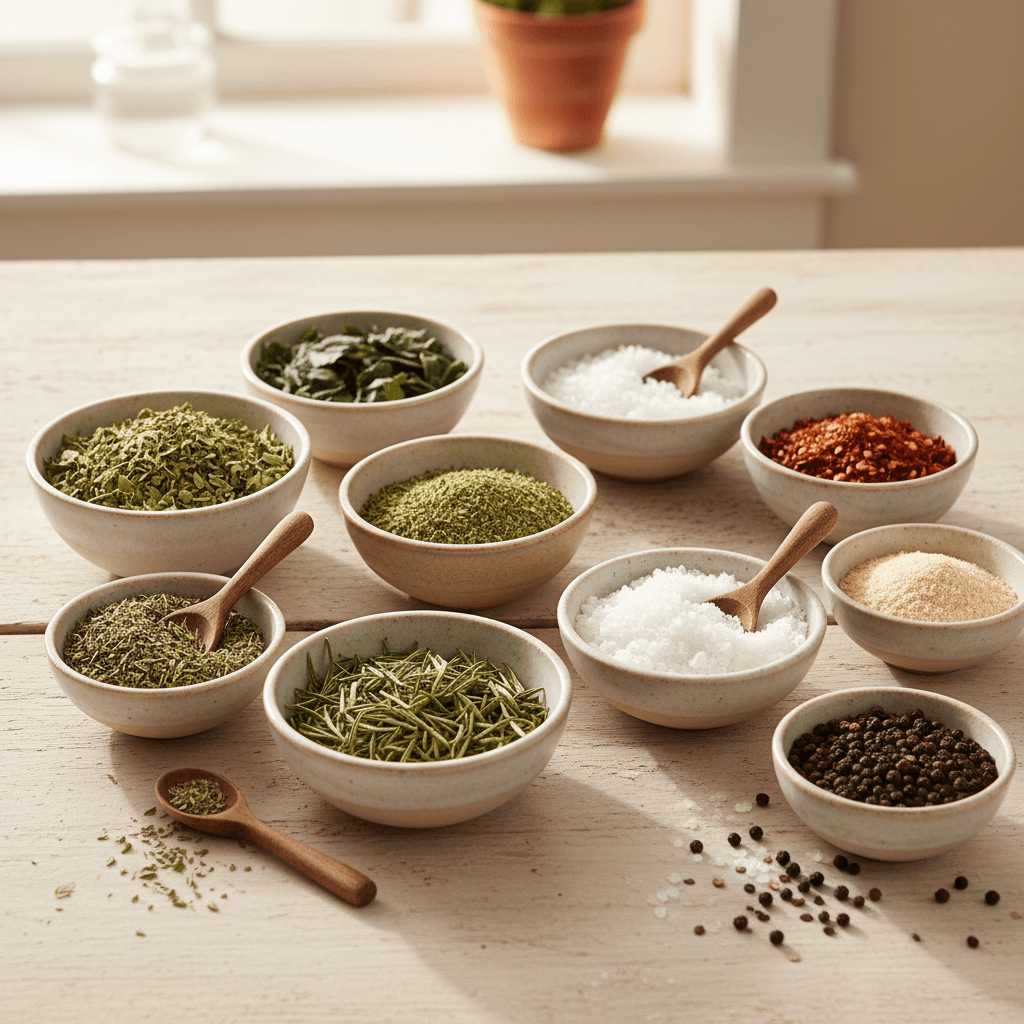 Herbes et épices séchées variées disposées dans de petits bols et cuillères en bois sur un fond en bois clair