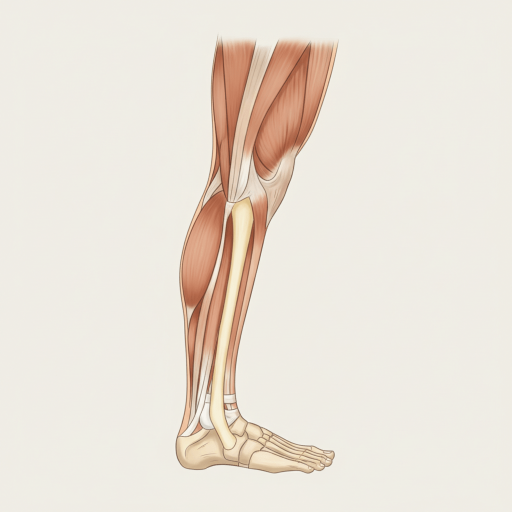 Clean lateral view illustration of the lower leg showing calf muscles, Achilles tendon, and heel bone. No text in image.