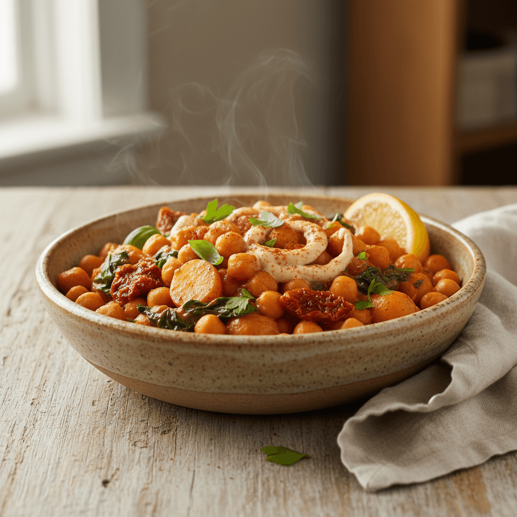 Un bol en céramique rustique et chaud de Pois chiches Marry Me dans une riche sauce crémeuse tomate-anacarde, garni de tomates séchées au soleil, d'épinards flétris, de basilic déchiré et de persil, une tranche de citron sur le rebord et une pincée de paprika fumé.