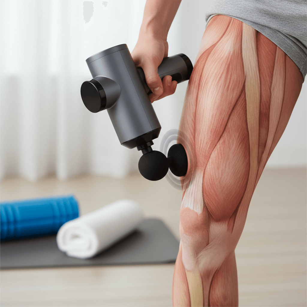 Pistolet de massage appuyant sur le muscle quadriceps montrant une légère indentation de la peau et un flou de mouvement pour impliquer la vibration