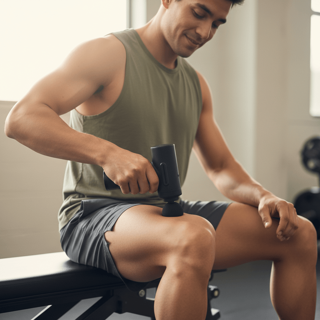 Personne utilisant un pistolet de massage sur sa cuisse, montrant un soulagement détendu et une récupération musculaire