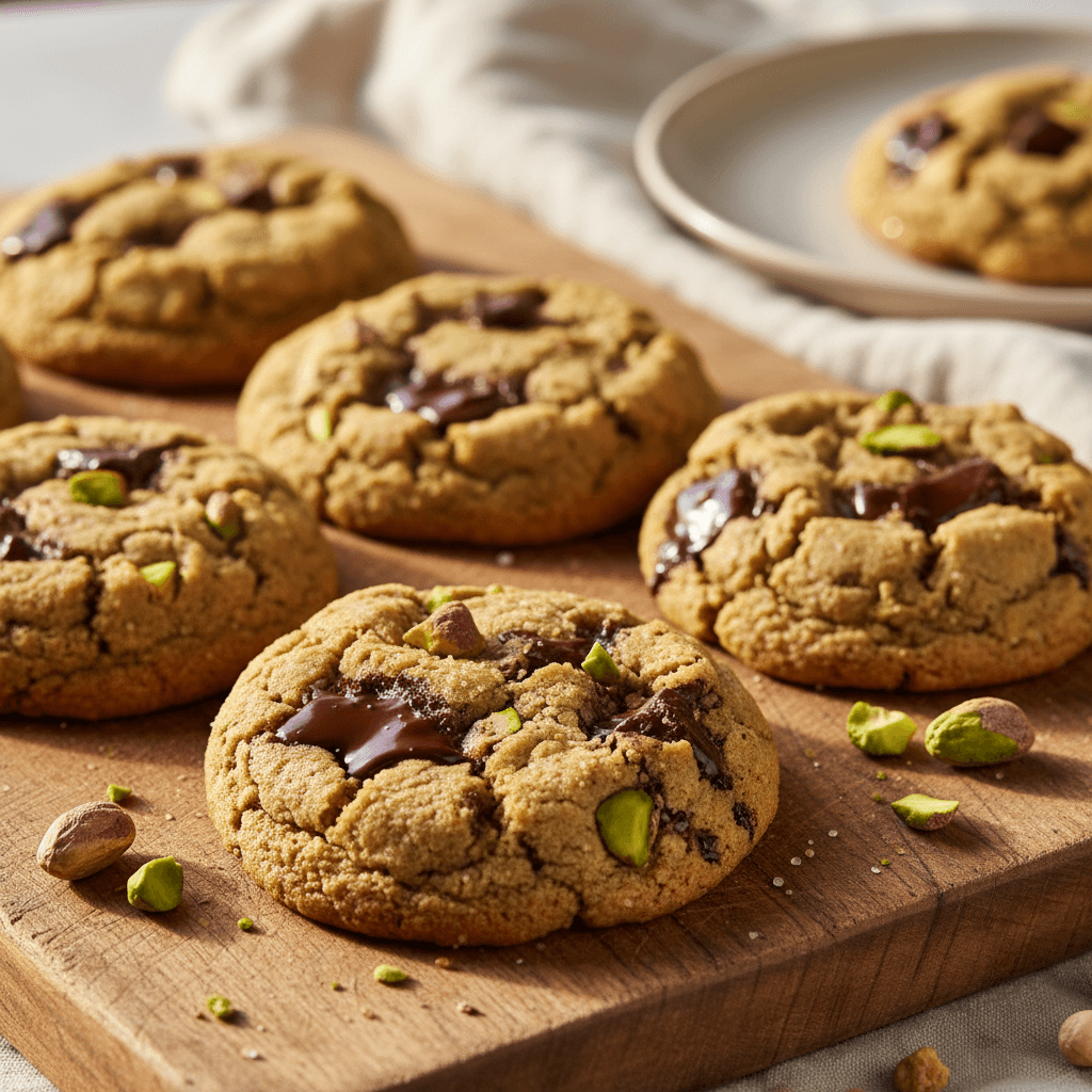 Pistachio chocolate chunk cookies close-up showing pistachio cookies with chocolate chunks