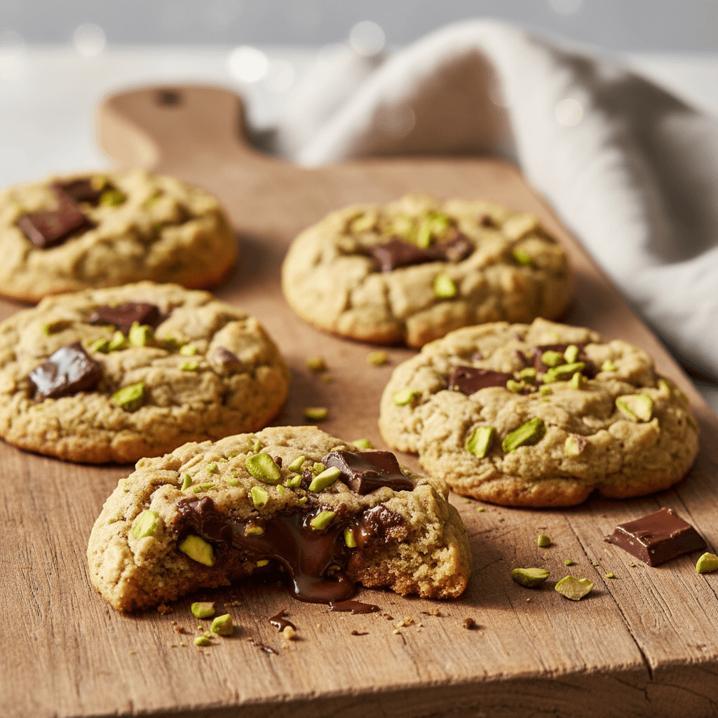 Gros plan sur des biscuits aux éclats de chocolat et à la pistache fraîchement cuits sur une planche en bois rustique, montrant des morceaux de chocolat noir fondant, des pistaches vertes hachées et des flocons d'avoine moelleux