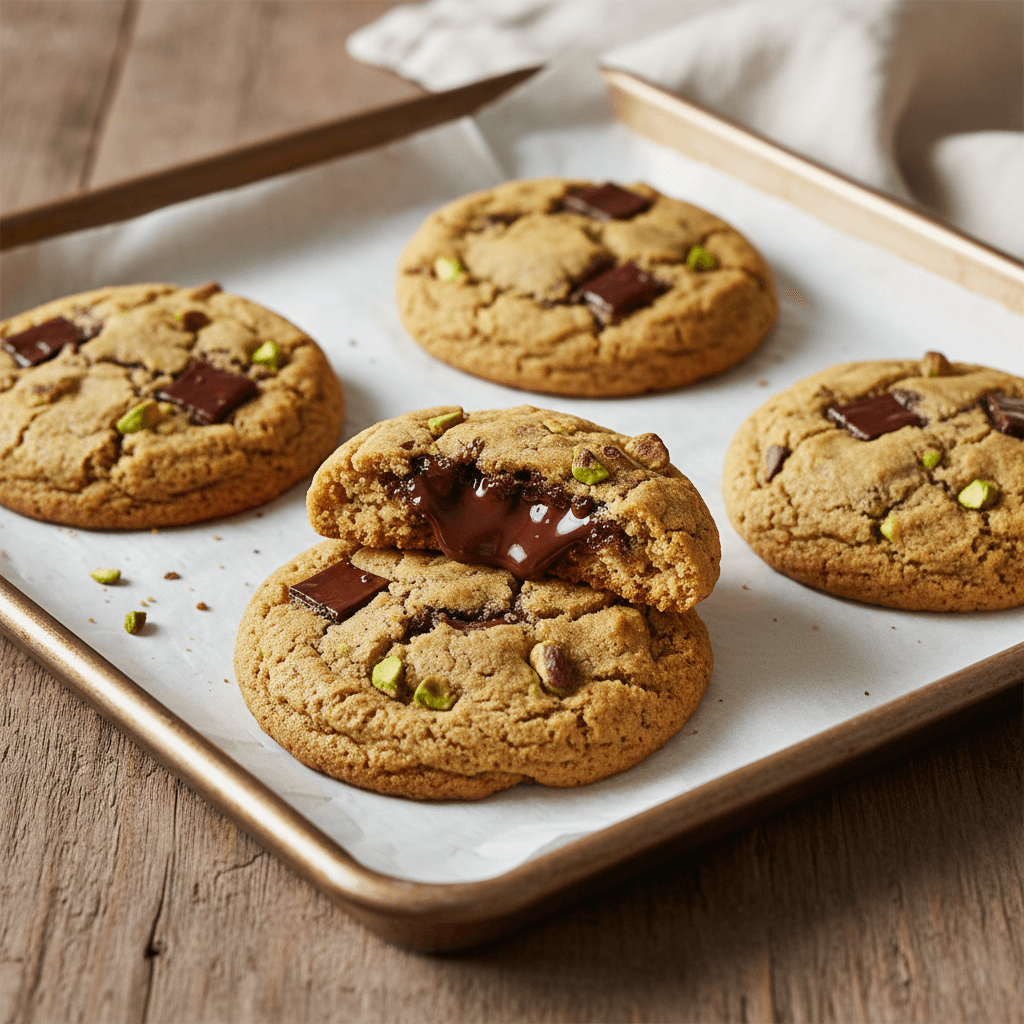 Gros plan sur des cookies chauds à la pistache et aux morceaux de chocolat sur du papier sulfurisé. Les cookies présentent des sommets craquelés dorés, des morceaux de pistache verts et de gros morceaux de chocolat noir. Un cookie est cassé en deux pour révéler du chocolat fondu à l'intérieur. Un éclairage latéral chaud met en valeur la texture et invite le spectateur à tendre la main.