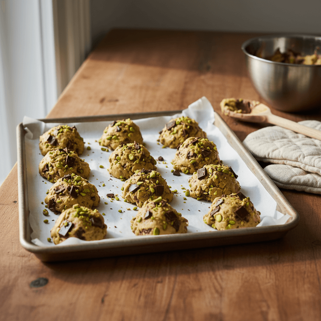 Pâte à cookies à la pistache sur un plateau, morceaux de chocolat et pistaches visibles, gant de cuisine à côté