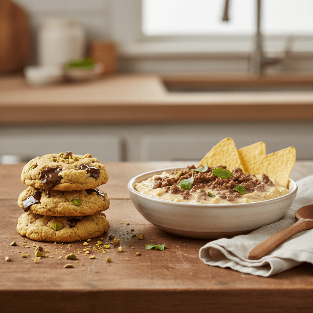 Une photo de nourriture chaude et rustique montrant une petite pile de cookies au chocolat et à la pistache avec des morceaux de pistache verte visibles à gauche et un bol peu profond en céramique de queso crémeux au fromage cottage de bœuf haché à droite. Le queso est garni de bœuf haché doré et de coriandre hachée avec des chips tortilla appuyées contre le bol. Une douce lumière naturelle met en valeur les textures et les tons chauds, évoquant le réconfort fait maison et la saveur authentique.