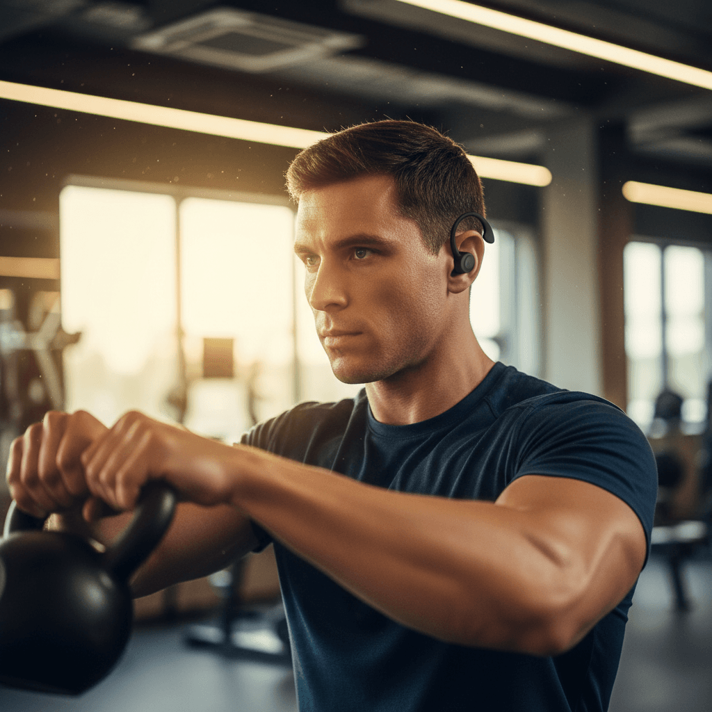 Athlète portant des embouts flexibles d'écouteurs pendant un entraînement intensif en salle de sport, flou de mouvement sur le membre en mouvement et éclairage chaud de la salle de sport, pas de texte ni de logos