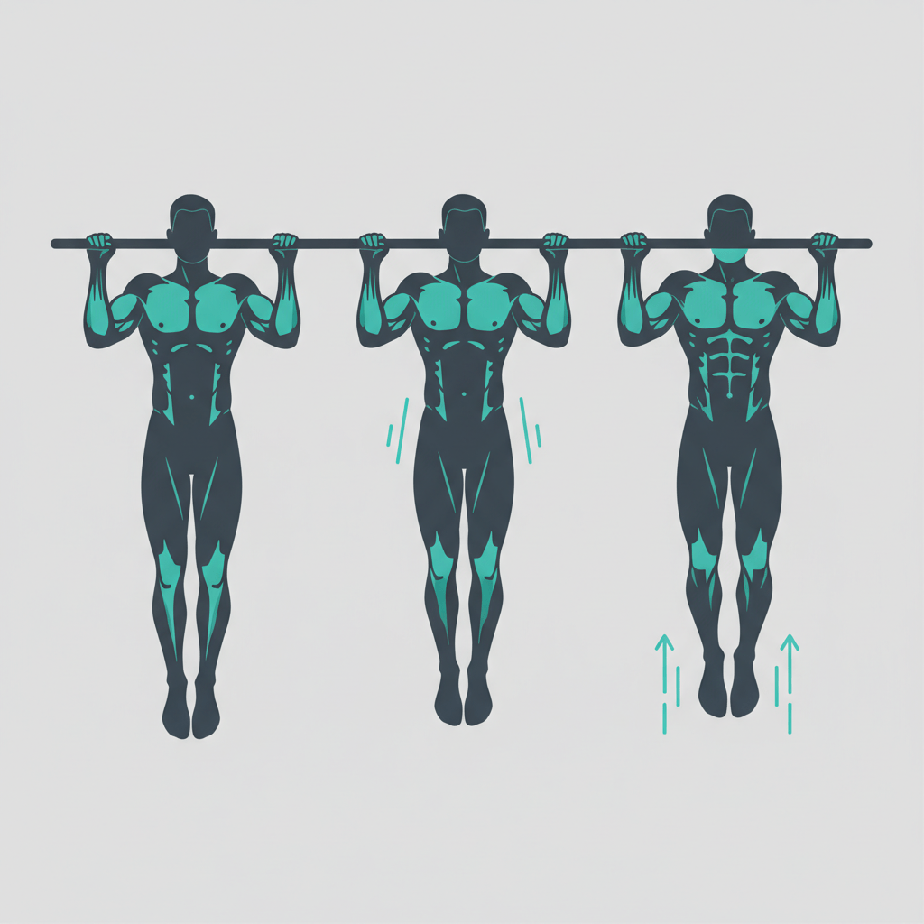 Illustration montrant trois étapes séquentielles d'un pull-up : suspendu, mi-pull et menton au-dessus de la barre. Les figures sont des silhouettes stylisées avec des reflets teal sur les muscles engagés et des lignes de mouvement subtiles suggérant un mouvement vers le haut. L'arrière-plan est neutre et dégagé, ce qui rend la forme facile à lire.