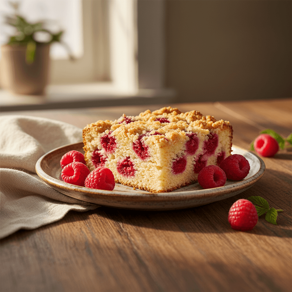 Tranche de gâteau de petit déjeuner au fromage cottage aux framboises sur une assiette en céramique rustique avec des framboises fraîches éparpillées autour, lumière naturelle du matin douce, ombres douces et un fond de table en bois confortable.