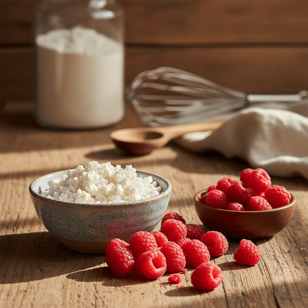 Fraises fraîches et fromage cottage crémeux sur un comptoir en bois rustique