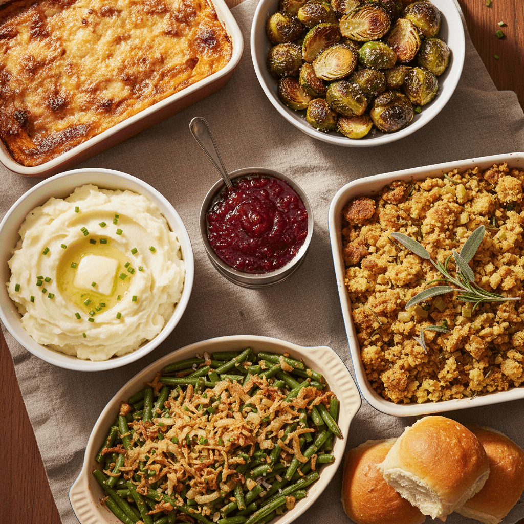 Une disposition colorée vue de dessus des plats d'Action de grâce, y compris de la sauce aux canneberges, de la purée de pommes de terre crémeuse avec du beurre, un gratin de haricots verts avec une croûte croustillante, de la farce au pain de maïs, des petits pains dorés, des choux de Bruxelles rôtis au parmesan et des patates douces au gratin.