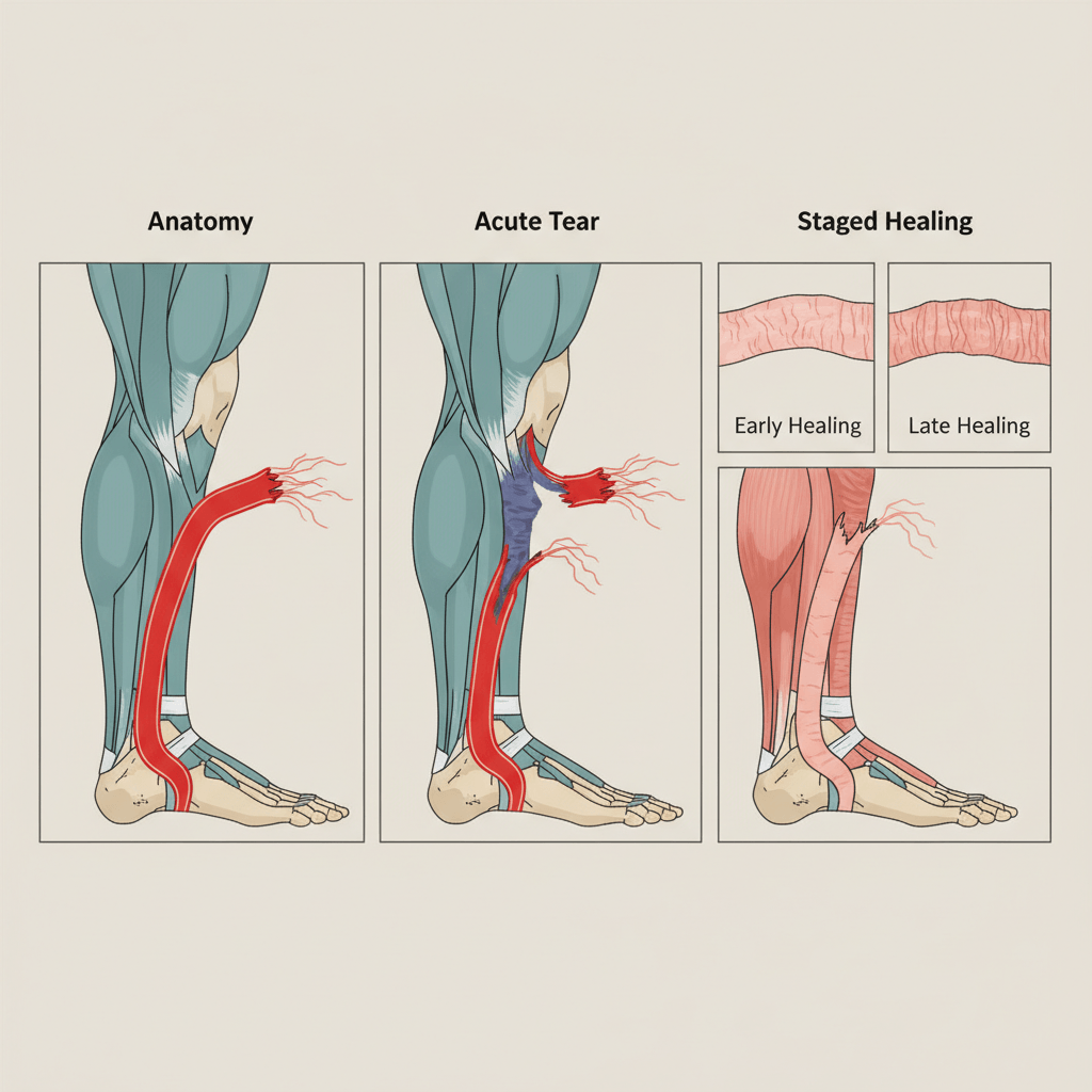 Illustration de récupération du tendon d'Achille en trois panneaux