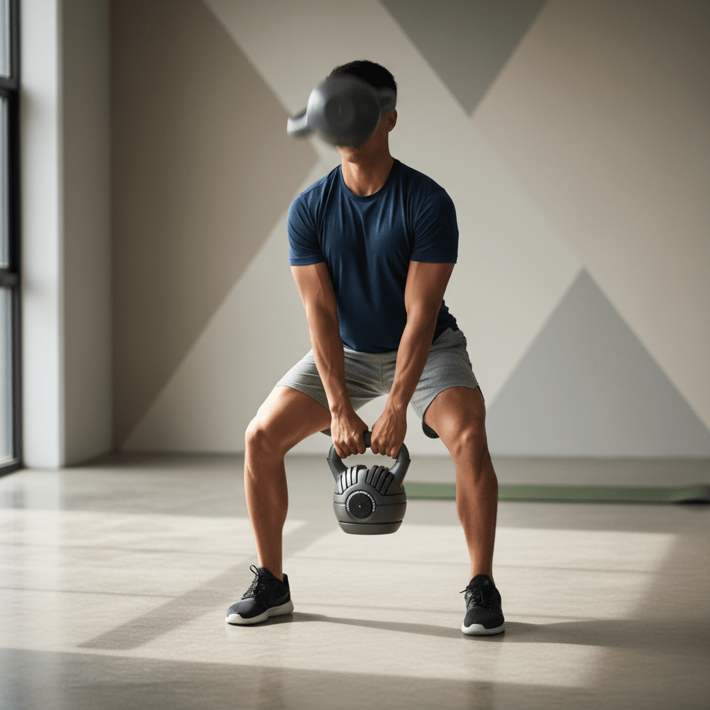 Personne utilisant un kettlebell ajustable en plein mouvement dans un environnement de gym propre
