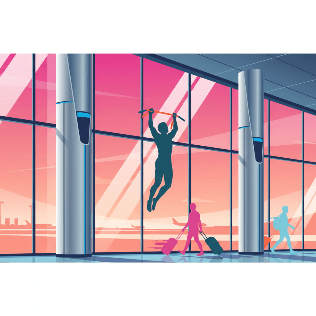 Illustration d'une personne faisant des tractions dans un terminal d'aéroport sur une barre de traction portable, couleurs vives stylisées, voyageurs passant avec des bagages à roulettes, grandes fenêtres montrant des avions sur le tarmac.