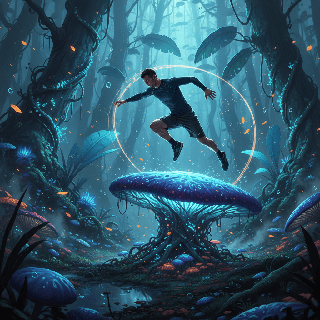 Athlète dynamique effectuant un saut de parkour sur un obstacle de style extraterrestre dans une forêt bioluminescente, flou de mouvement sur les membres, éclairage aux tons froids et gouttes d'eau dans l'air.