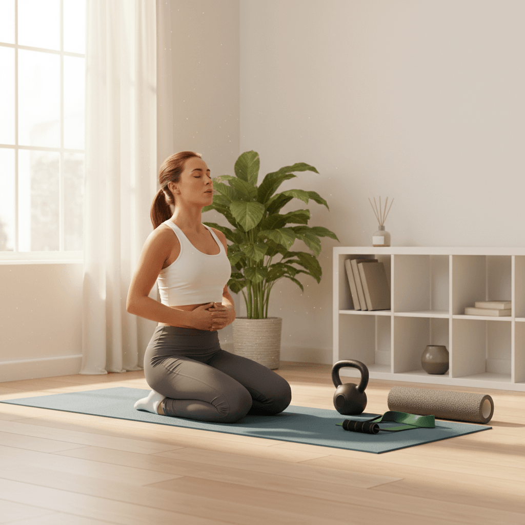 Home gym corner with athlete doing a stomach vacuum
