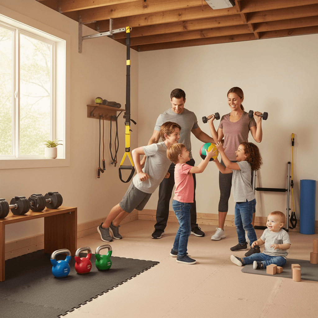 Un gymnase familial chaleureux et accueillant avec des parents, des adolescents et de jeunes enfants faisant de l'exercice ensemble