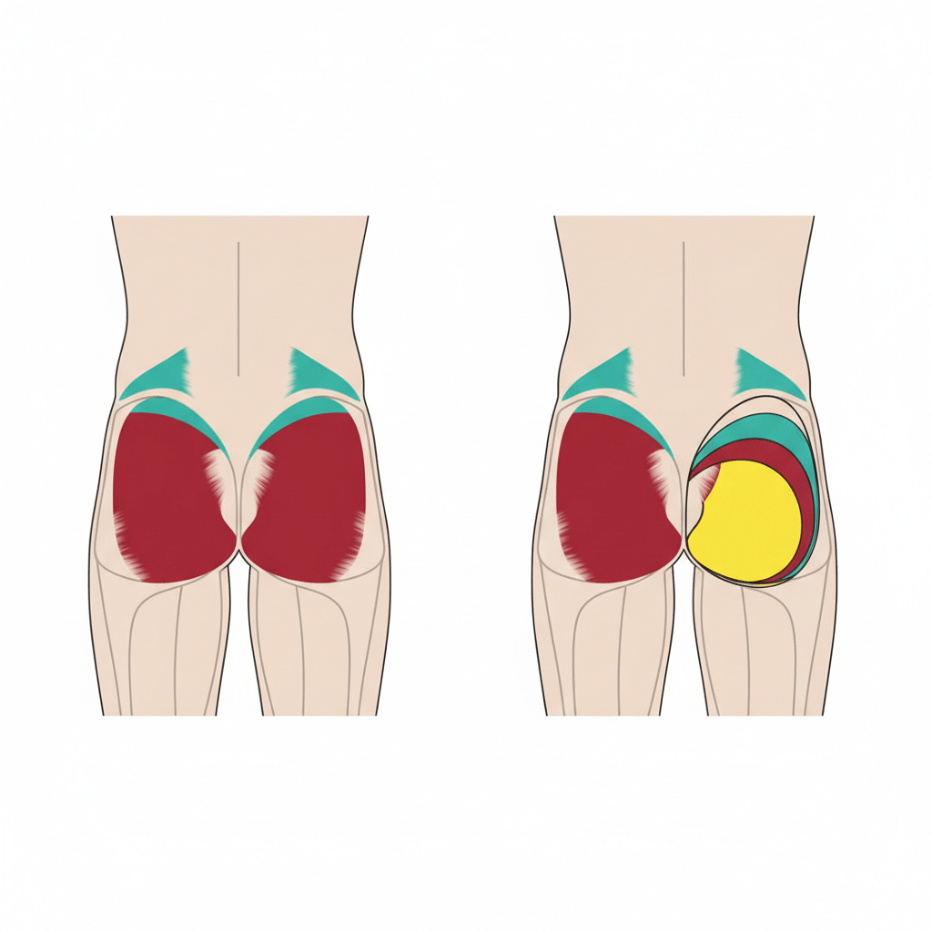 Illustration de l'anatomie des fessiers montrant le grand fessier, le moyen fessier et le petit fessier codés par couleur