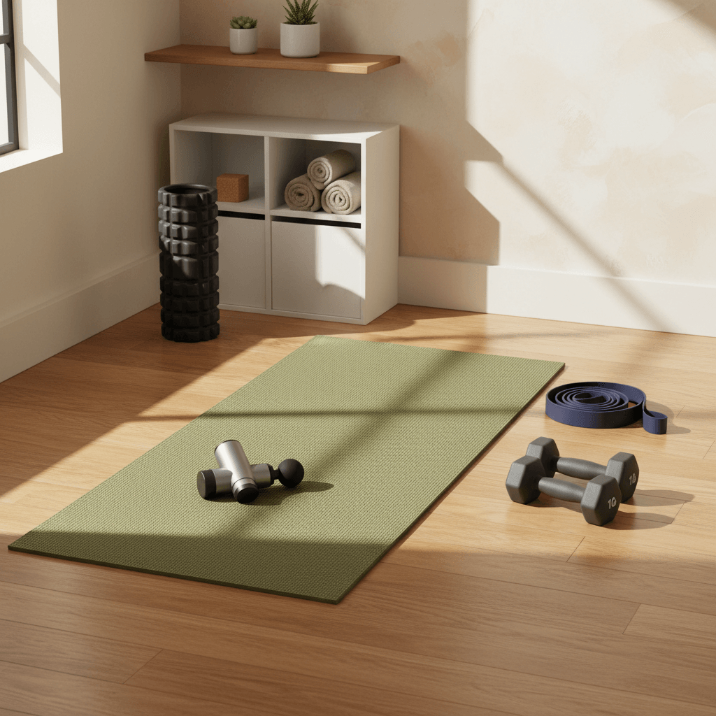 Coin de récupération lumineux dans une salle de gym à domicile avec rouleau en mousse, pistolet de massage, haltères, bande de résistance et plante