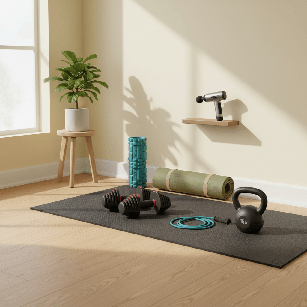 Configuration de gym à domicile vibrant avec rouleau en mousse, pistolet de massage, haltères, bande de résistance et plante