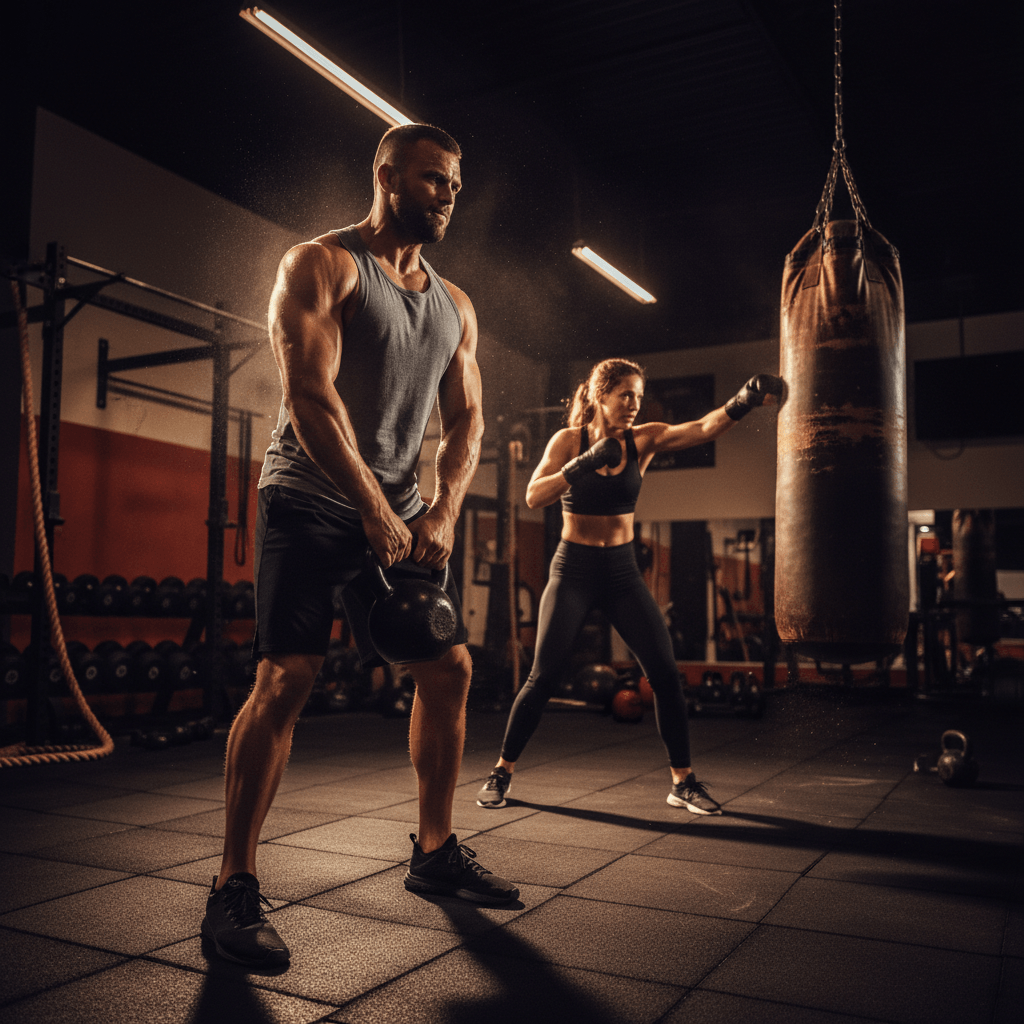 Scène de gym dynamique avec un athlète effectuant un puissant balancement de kettlebell au premier plan et un combattant frappant un sac lourd en arrière-plan, éclairage dramatique et flou de mouvement pour transmettre la vitesse et l'intensité.