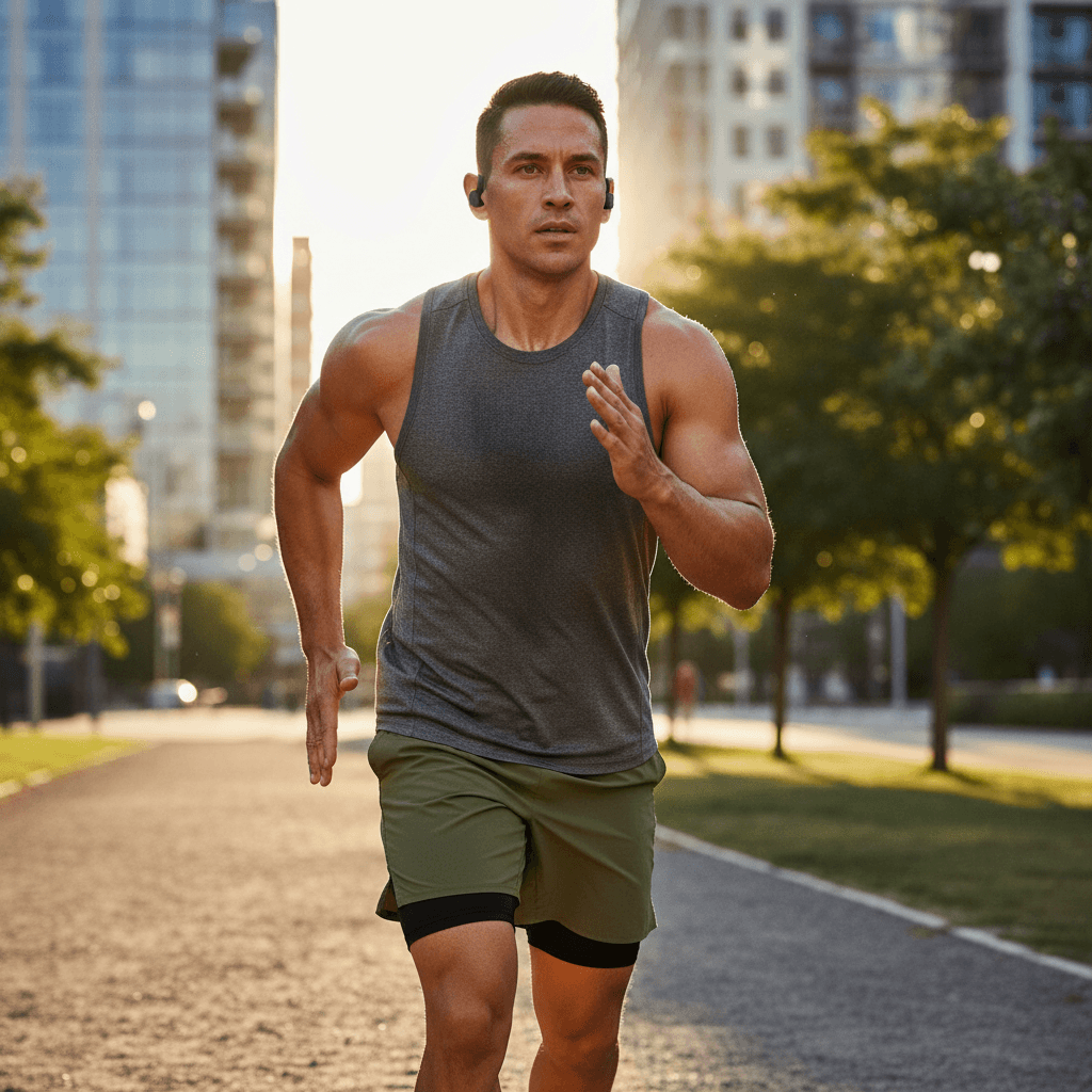 Personne courant avec des écouteurs Powerbeats Fit
