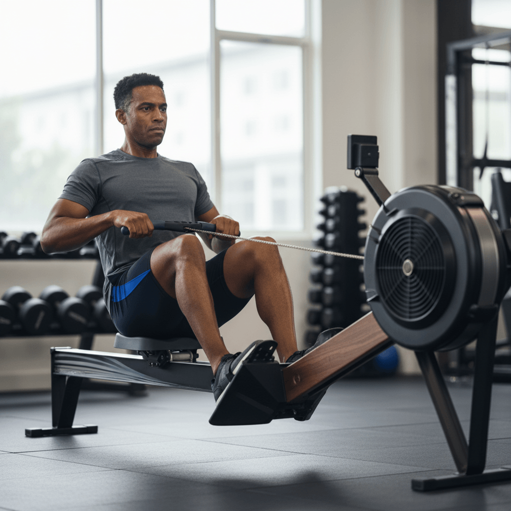 Un adulte en forme vêtu d'équipement de sport utilisant un rameur d'intérieur moderne dans une salle de sport propre. L'utilisateur est en plein mouvement avec une bonne posture, le dos droit, les jambes étendues et une expression concentrée. Un éclairage naturel doux met en valeur le rameur et de légers équipements de gym en arrière-plan.