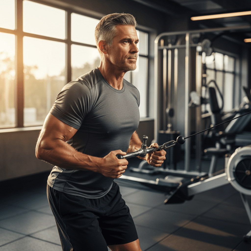 Homme athlétique de 50 ans effectuant un mouvement de tirage à la poulie, bras musclés et chaîne postérieure engagée, lumière naturelle chaude, faible profondeur de champ, flou de mouvement subtil, pas de texte