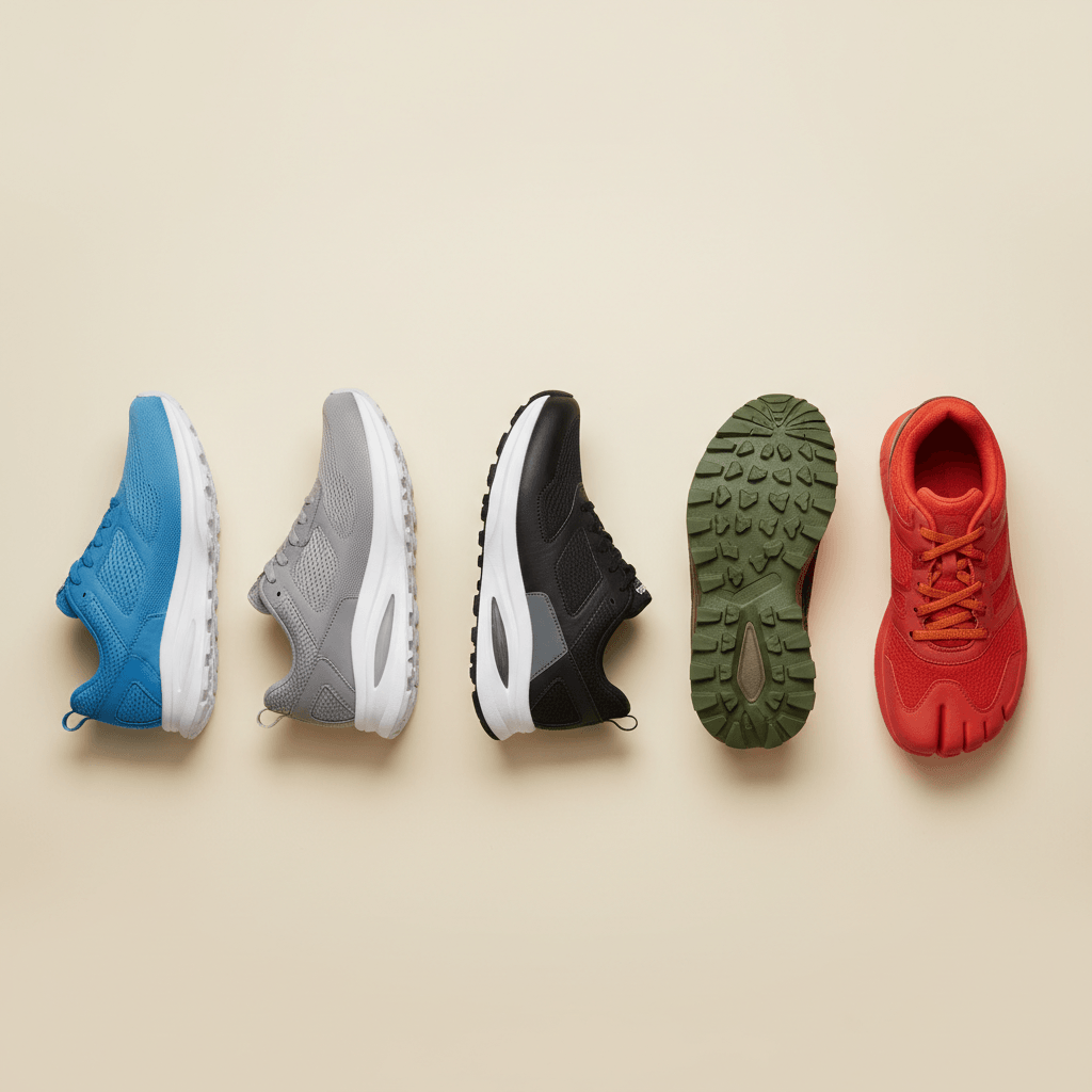 Variété de chaussures de marche pour hommes disposées neatly sur un fond neutre clair
