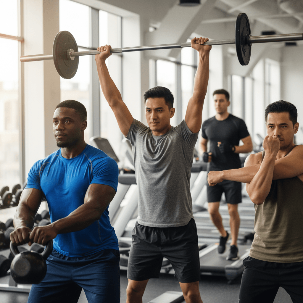 Groupe d'hommes portant des t-shirts de sport variés dans une salle de sport