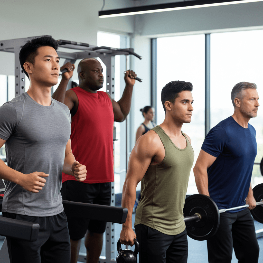 Hommes à la salle de sport portant différents t-shirts d'entraînement