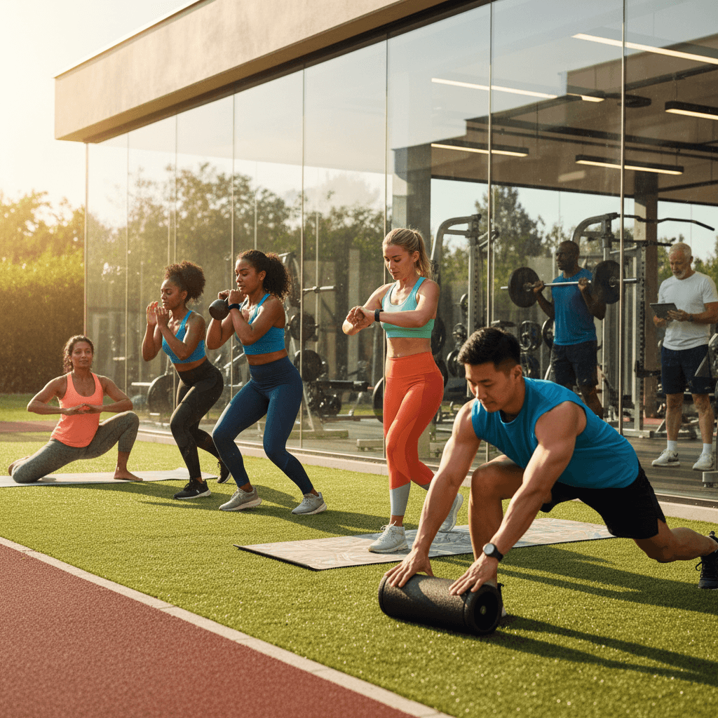 Diverse group of athletes practicing HIIT, yoga, strength training, using wearables and foam rolling in a bright, motivating indoor/outdoor scene.