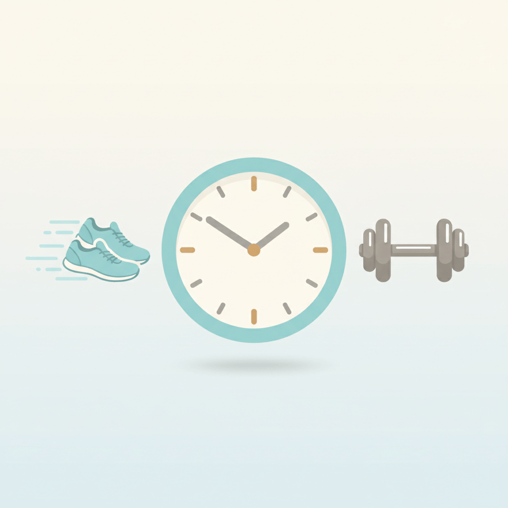 Horloge avec des chaussures de course et un haltère illustrant le séquençage cardio-poids