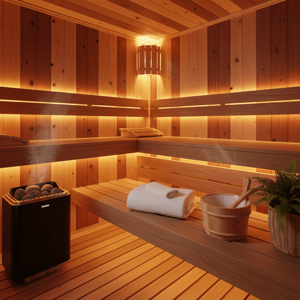 Intérieur de sauna confortable à la maison avec du bois de cèdre chaud, un éclairage ambre doux, un seau et une louche en bois, une serviette pliée et une petite plante en pot. La scène a une légère brume de vapeur et une composition accueillante et dégagée.