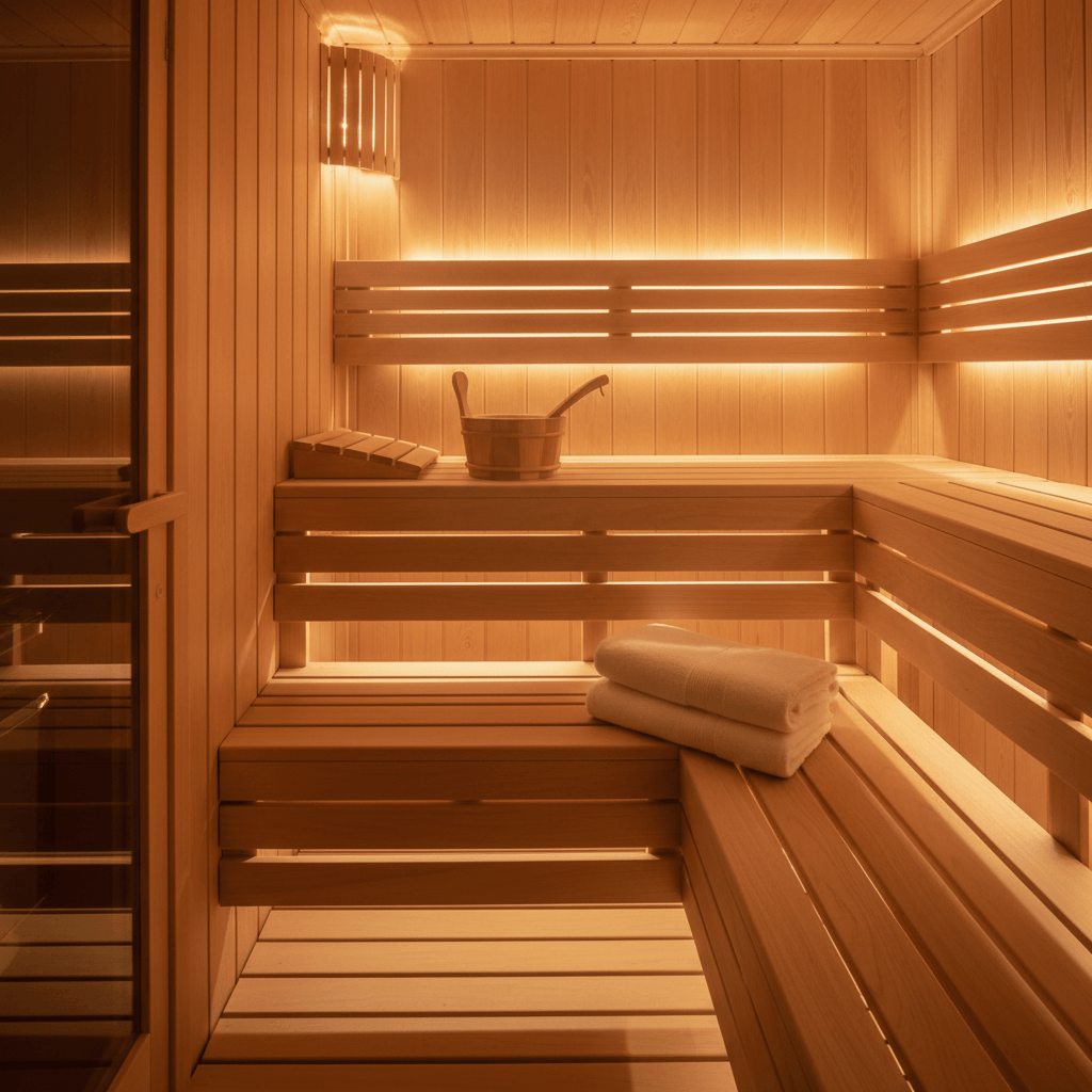 Intérieur de sauna confortable à domicile avec un éclairage ambre chaleureux, des bancs en cèdre, un seau et une louche en bois, une serviette pliée et une légère brume de vapeur pour évoquer la détente et le bien-être.
