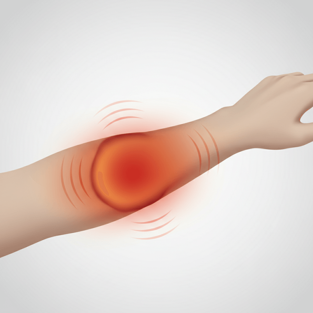 Illustration d'un gros plan de cuisse montrant des tons rouges et oranges chauds sur le ventre musculaire, des lignes douces rayonnantes suggérant des pulsations, et un halo subtil indiquant un gonflement. L'arrière-plan est neutre pour garder l'accent sur la zone douloureuse.