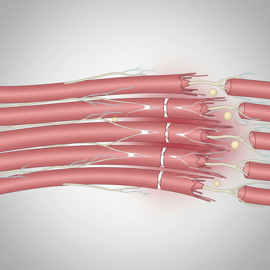 Illustration en gros plan de fibres musculaires squelettiques montrant de petites micro-déchirures, des extrémités effilochées et une légère lueur d'inflammation pour visualiser les douleurs musculaires d'apparition retardée (DOMS).