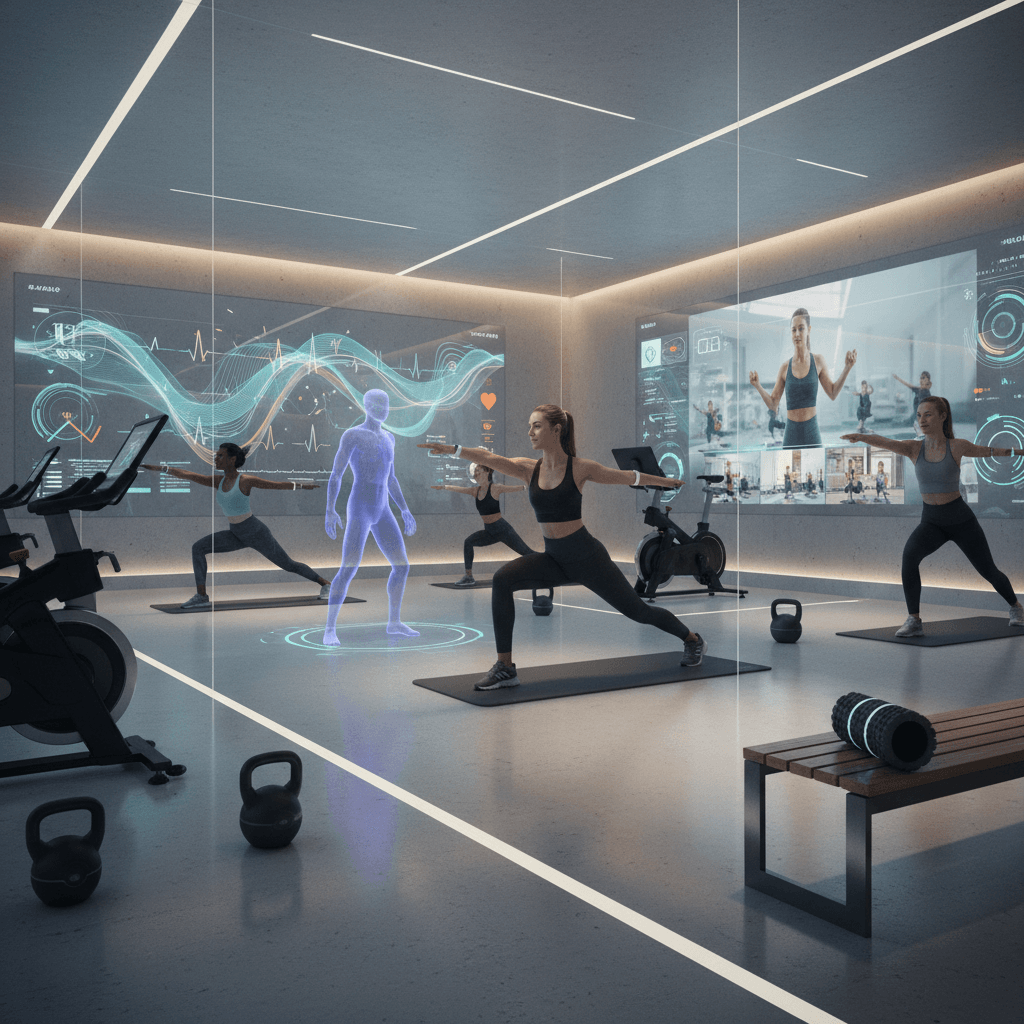 Salle de sport futuriste présentant des dispositifs vestimentaires et un coaching virtuel