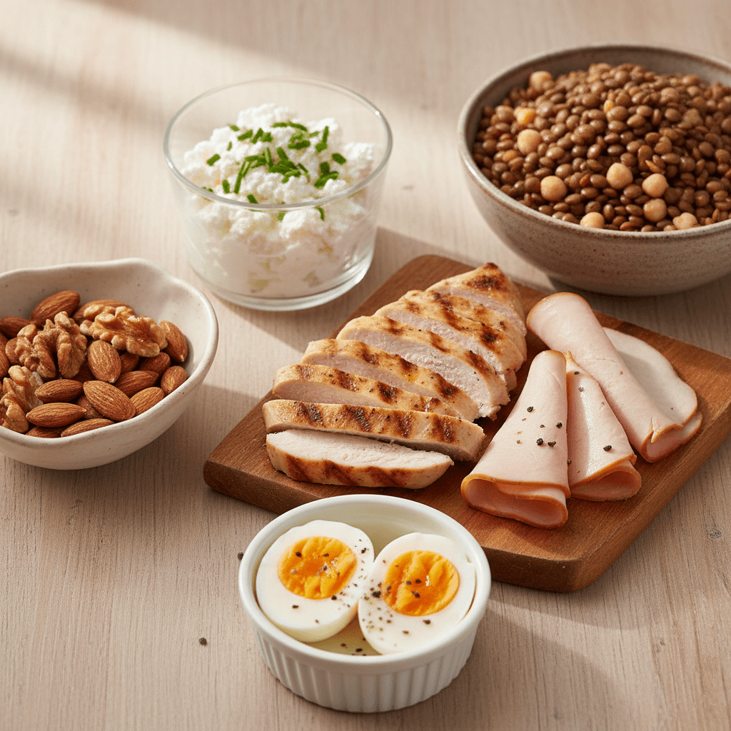 Assiette fraîche d'aliments riches en protéines comprenant des tranches de poitrine de poulet grillée, des tranches de dinde, un bol de lentilles, des œufs durs coupés en deux, des noix mélangées et du fromage cottage disposés sur une table en bois clair. Une lumière naturelle douce et des tons chauds créent une composition invitante.