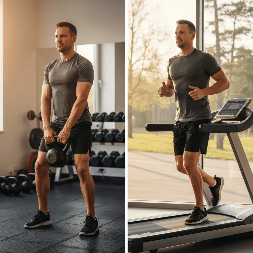 Homme en forme effectuant un balancement de kettlebell et courant pour représenter l'entraînement de force et d'endurance