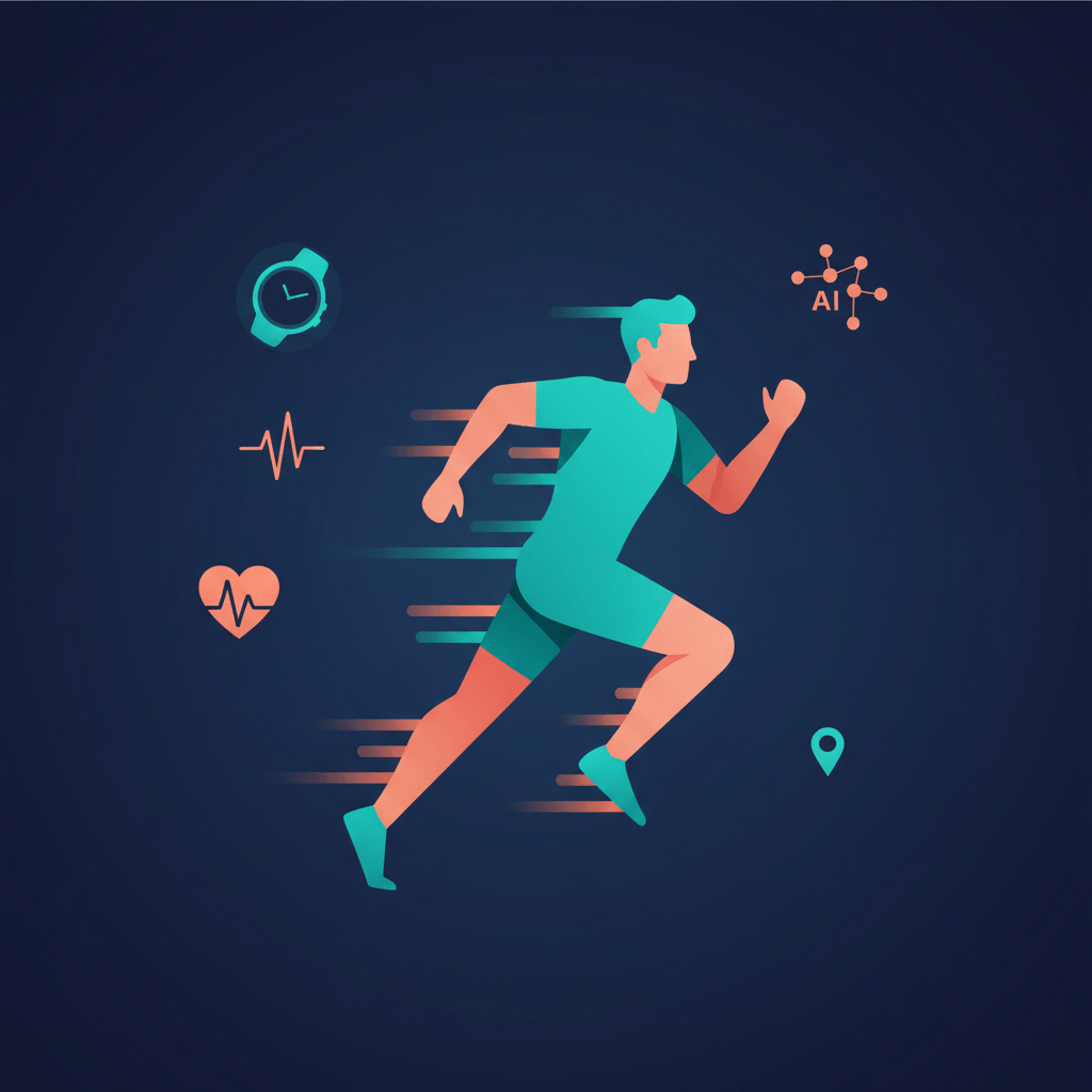 Coureur dynamique avec des icônes de fitness numériques flottantes représentant des appareils de fitness portables, la fréquence cardiaque et des éléments d'IA